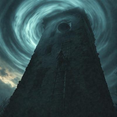 The primary subject of the image is a woman standing on a ladder, which is located on the side of a tall tower. The setting is a dark, possibly stormy, night, with the woman being the main focus of the scene. The visual style appears to be a combination of a photo and digital art, creating a dramatic and moody atmosphere. The colors in the image are predominantly dark, with the tower and the woman's clothing being the main sources of contrast.